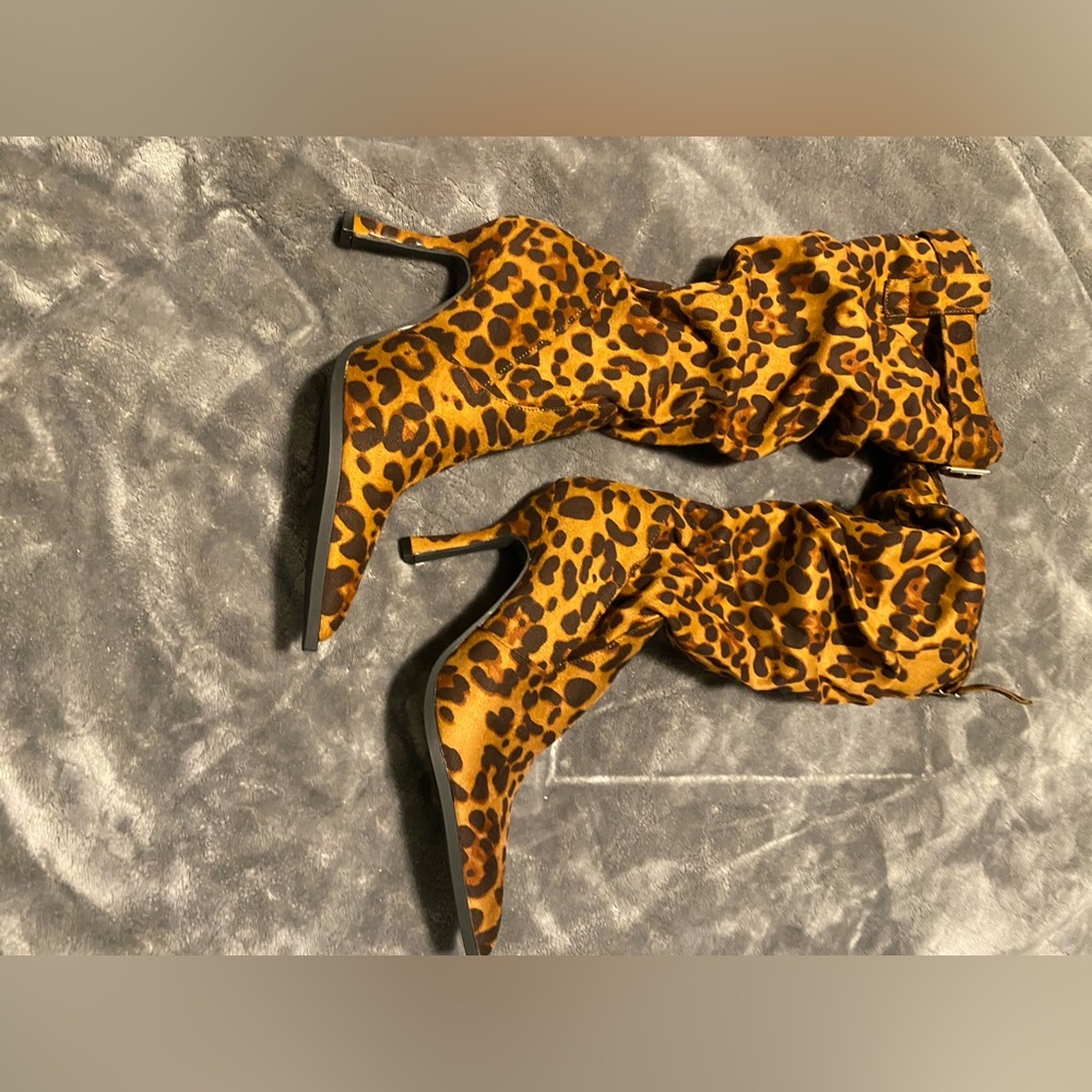SHEIN Leopard Print Slouchy Stiletto Knee Boots - Yellow Brown